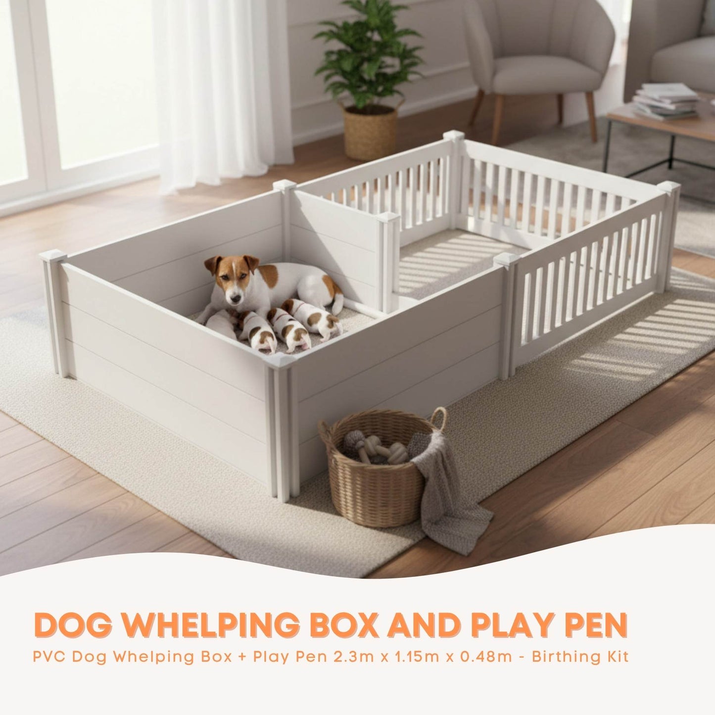 Rooster Farms PVC Dog Whelping Box + Play Pen 2.30m x 1.15m x 0.48m - Birthing Kit