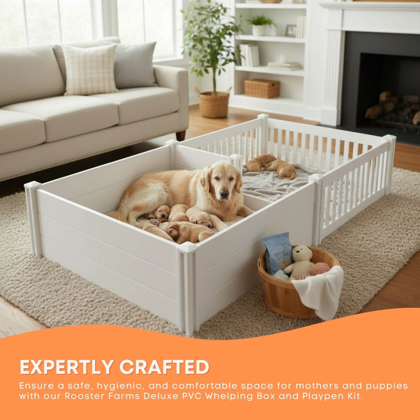 Rooster Farms PVC Dog Whelping Box + Play Pen 2.30m x 1.15m x 0.48m - Birthing Kit