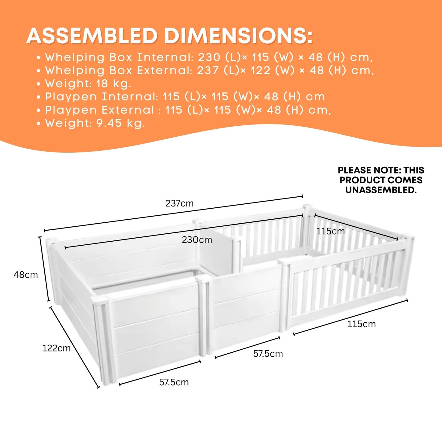 Rooster Farms PVC Dog Whelping Box + Play Pen 2.30m x 1.15m x 0.48m - Birthing Kit