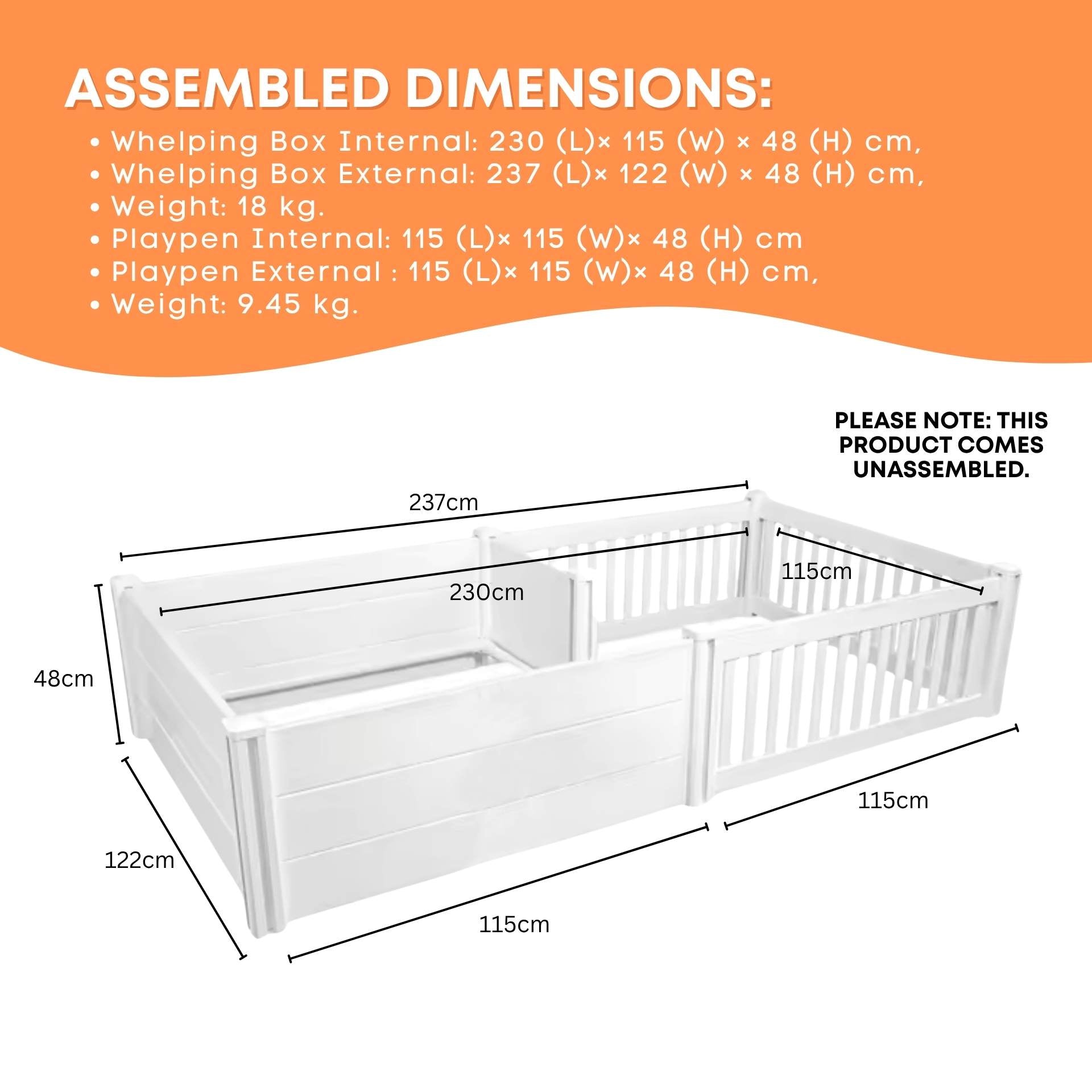 Rooster Farms PVC Dog Whelping Box + Play Pen 2.30m x 1.15m x 0.48m - Birthing Kit