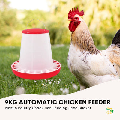 Rooster Farms 9Kg Automatic Chicken Feeder - Poultry Hen Feeding Seed Bucket