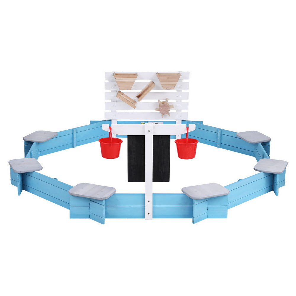 Keezi Kids Sandpit Wooden Round Sand Pit Funnel Bench Seat Beach Toys 215cm