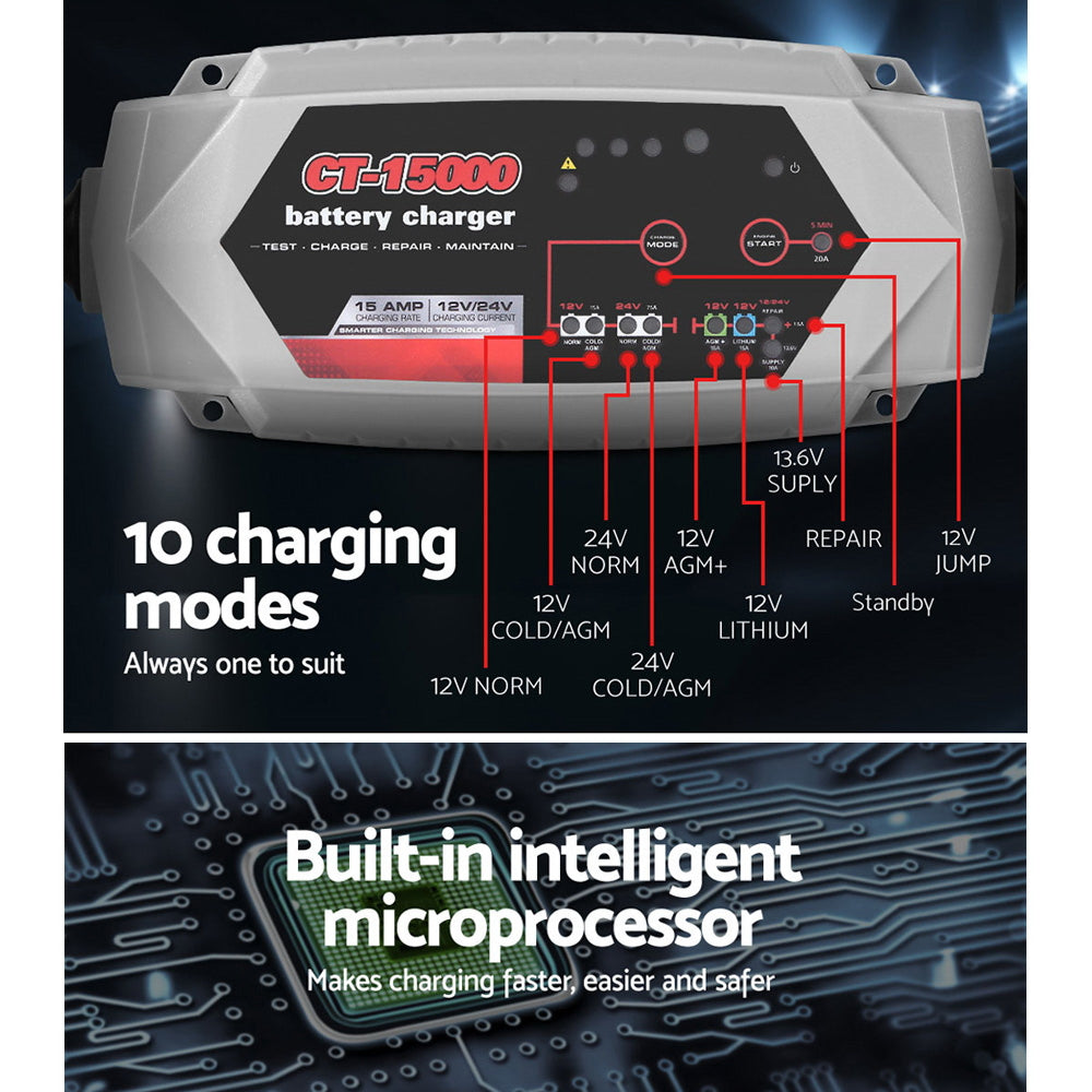 Smart Battery Charger 15A 12V 24V Automatic SLA AGM Car Truck Boat Motorcycle Caravan