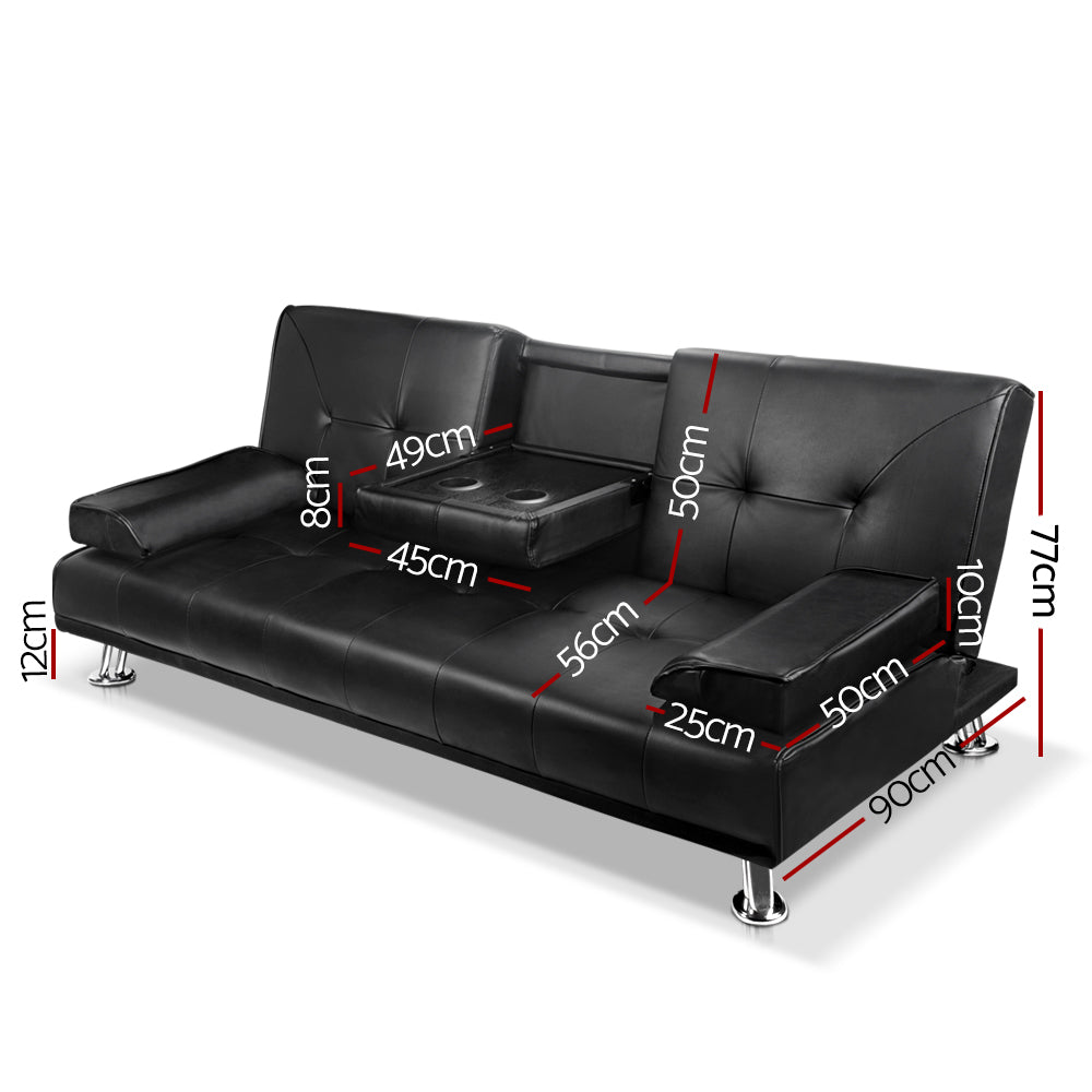 Artiss 3 Seater PU Leather Sofa Bed - Black