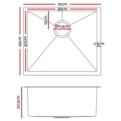 Cefito 51cm x 45cm Stainless Steel Kitchen Sink Under/Top/Flush Mount Silver