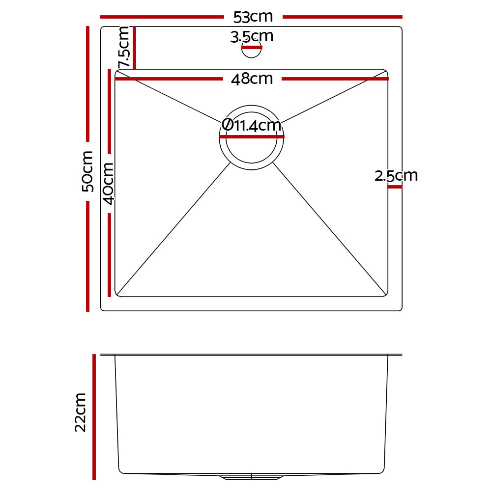 Cefito 53cm x 50cm Stainless Steel Kitchen Sink Under/Top/Flush Mount Silver