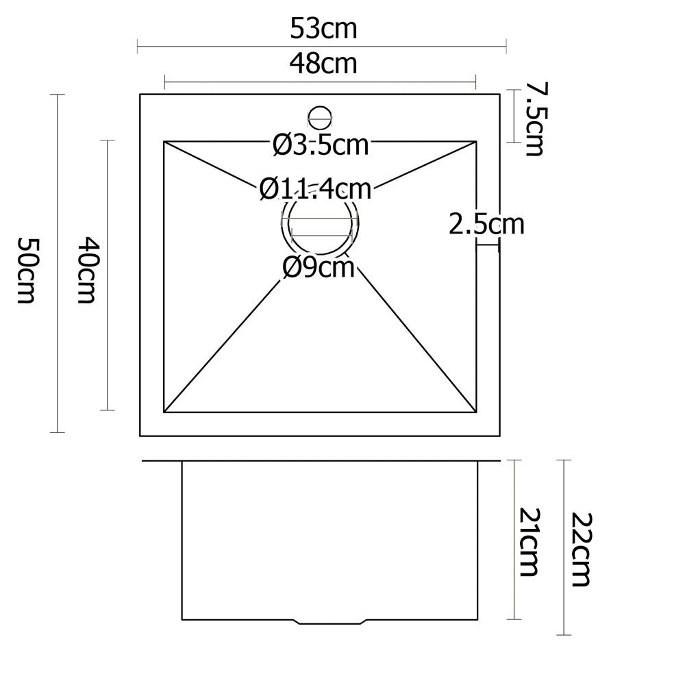 Cefito Kitchen Sink 53X50CM Stainless Steel Basin Single Bowl Silver