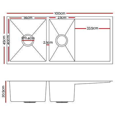 Cefito 100cm x 45cm Stainless Steel Kitchen Sink Under/Top/Flush Mount Black