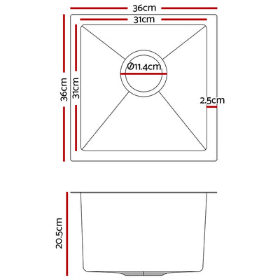 Cefito 36cm x 36cm Stainless Steel Kitchen Sink Under/Top/Flush Mount Silver