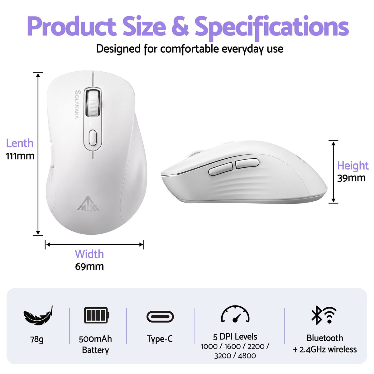 SOLAKAKA Silent Wireless Mouse Bluetooth 2.4GHz 4200 DPI 7 Buttons