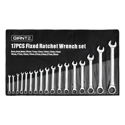 Giantz 17 PCS 6MM-30MM Ratchet Spanner Set Metric Open CR-V w/ Rolling Pouch