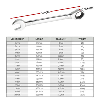 Giantz 17 PCS 6MM-30MM Ratchet Spanner Set Metric Open CR-V w/ Rolling Pouch