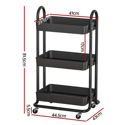 Artiss Storage Trolley Kitchen Cart 3 Tiers Rack Shelf Organiser Wheels Black