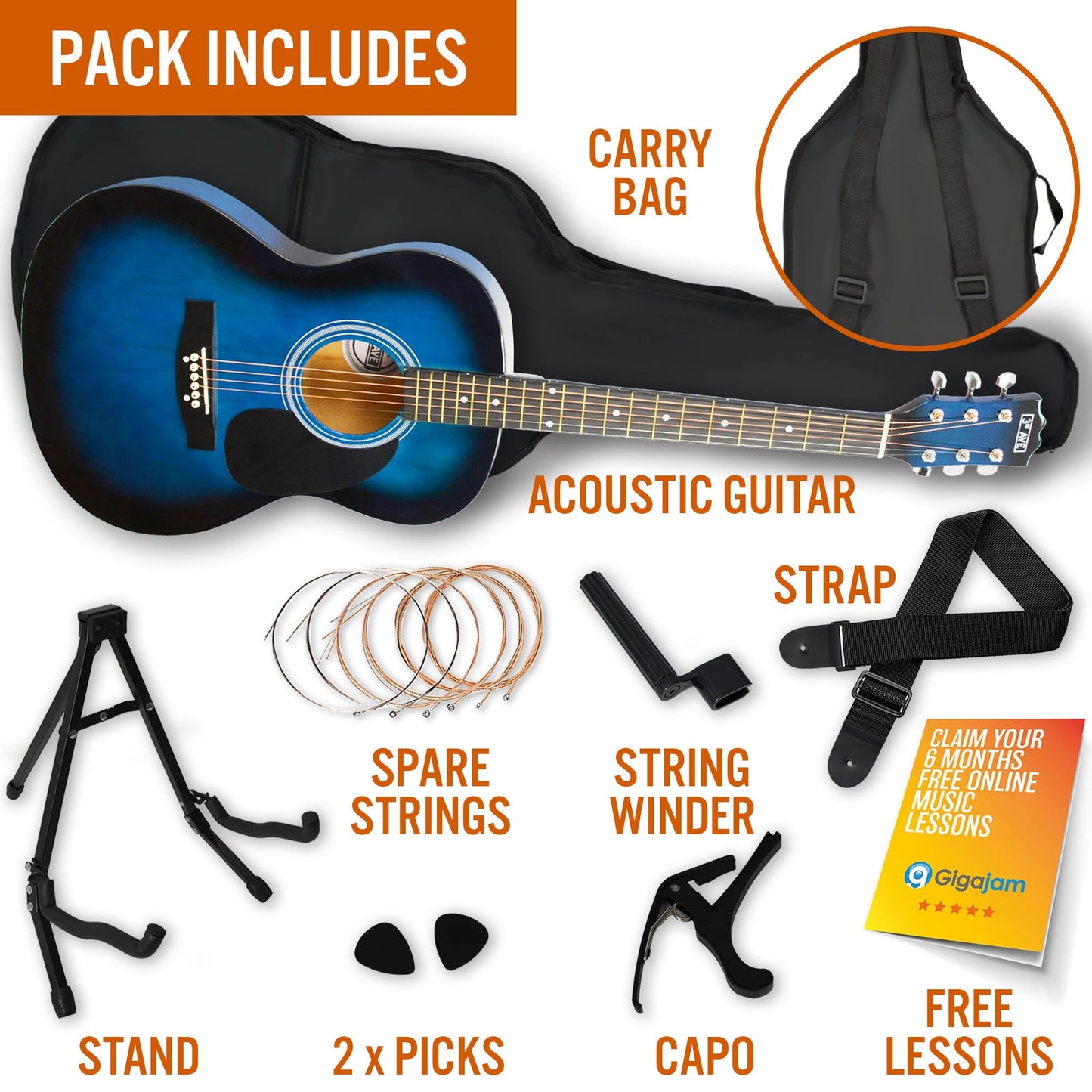 3rd Avenue Acoustic Guitar Premium Pack - Blueburst