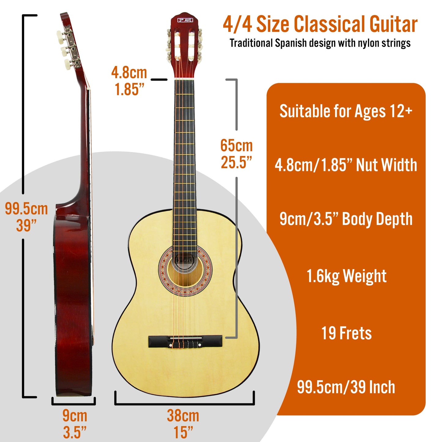 3rd Avenue Full Size Classical Guitar Pack - Natural