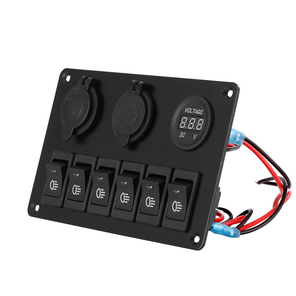 Giantz 6 Gang 12V Switch Panel For Car Boat Marine USB ON-OFF LED Rocker Toggle