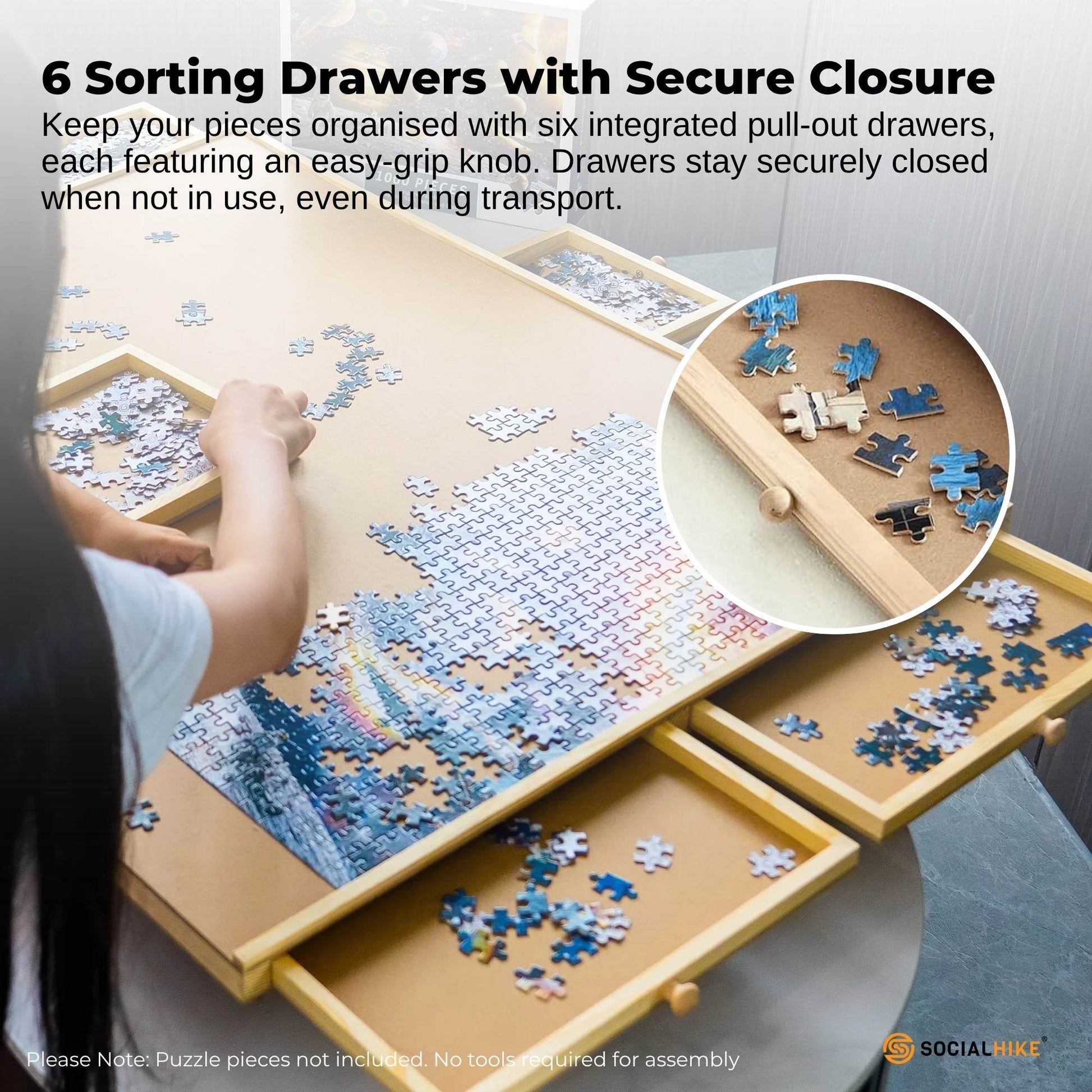 Social Hike 1500pcs Puzzle Board 6 Drawer with Cover - Wooden Rotating Tabletop