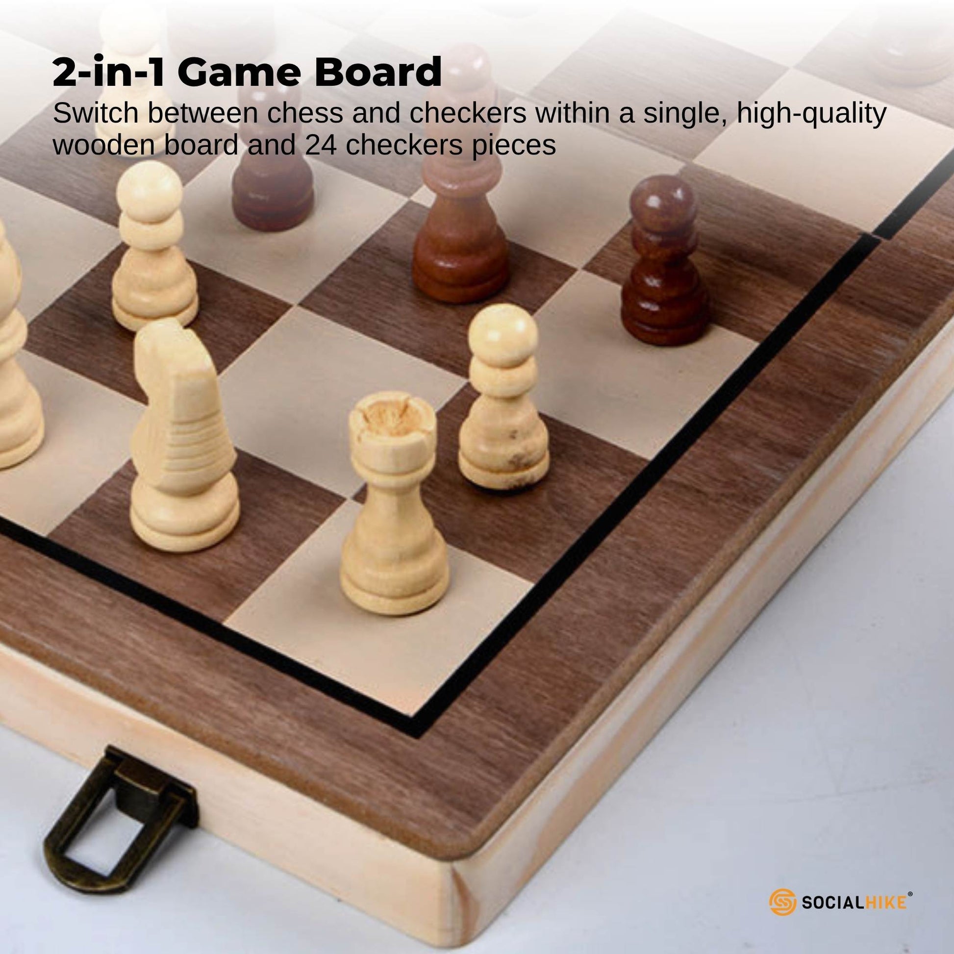 Social Hike 2 in 1 Magnetic Wooden Chess and Checkers Set - Portable Game Board