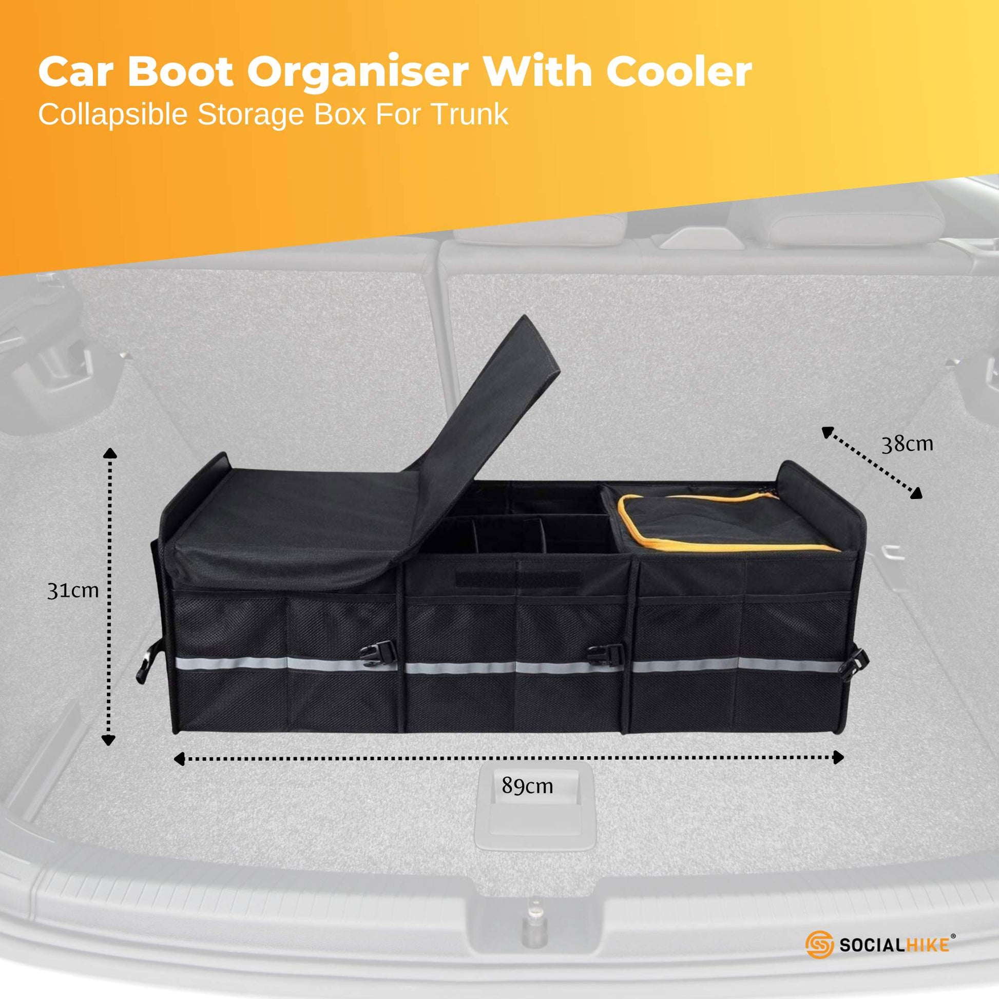 Social Hike Car Boot Organiser With Cooler - Collapsible Storage Box For Trunk