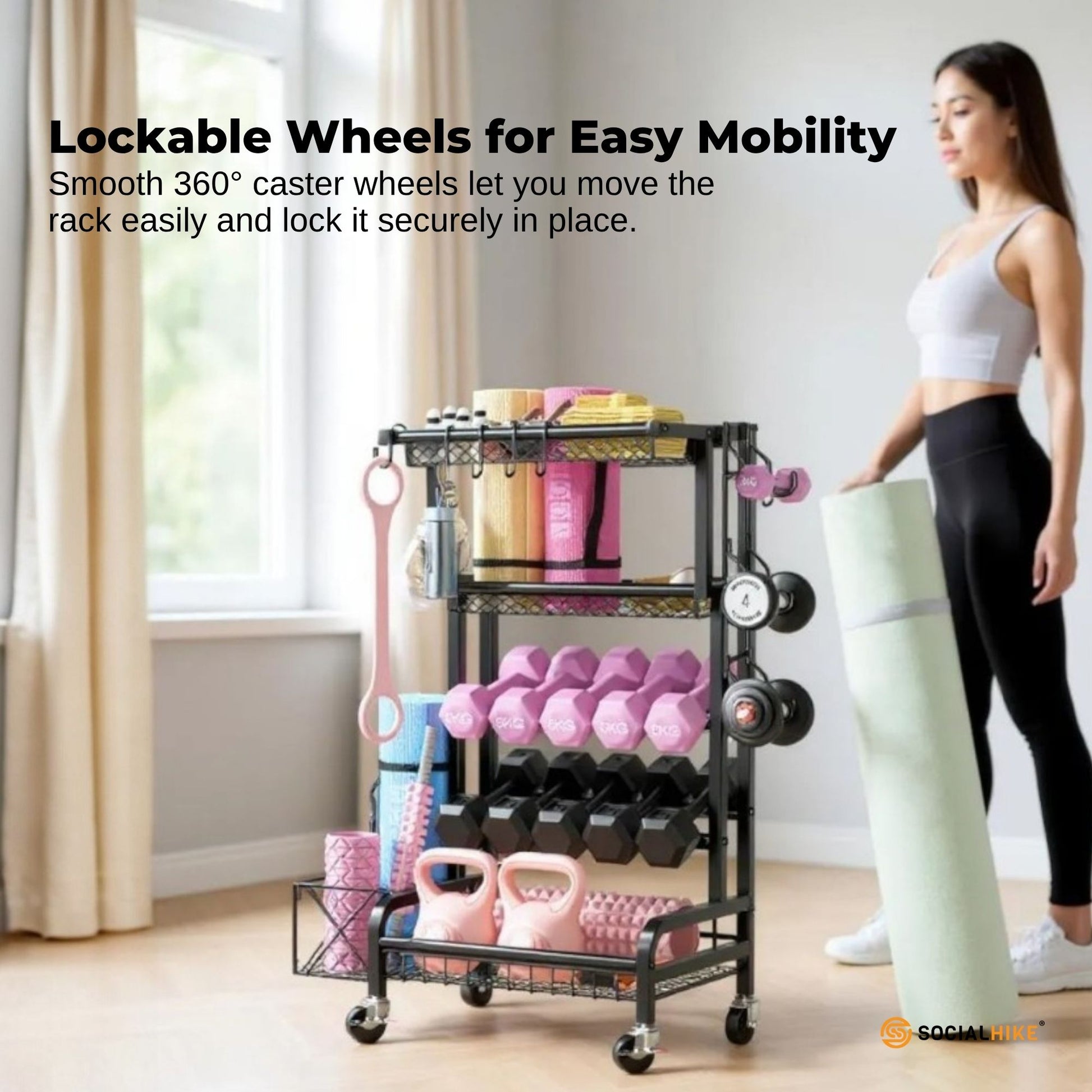 Social Hike Gym Equipment Storage Rack on Wheels - Dumbbells Weights Stand
