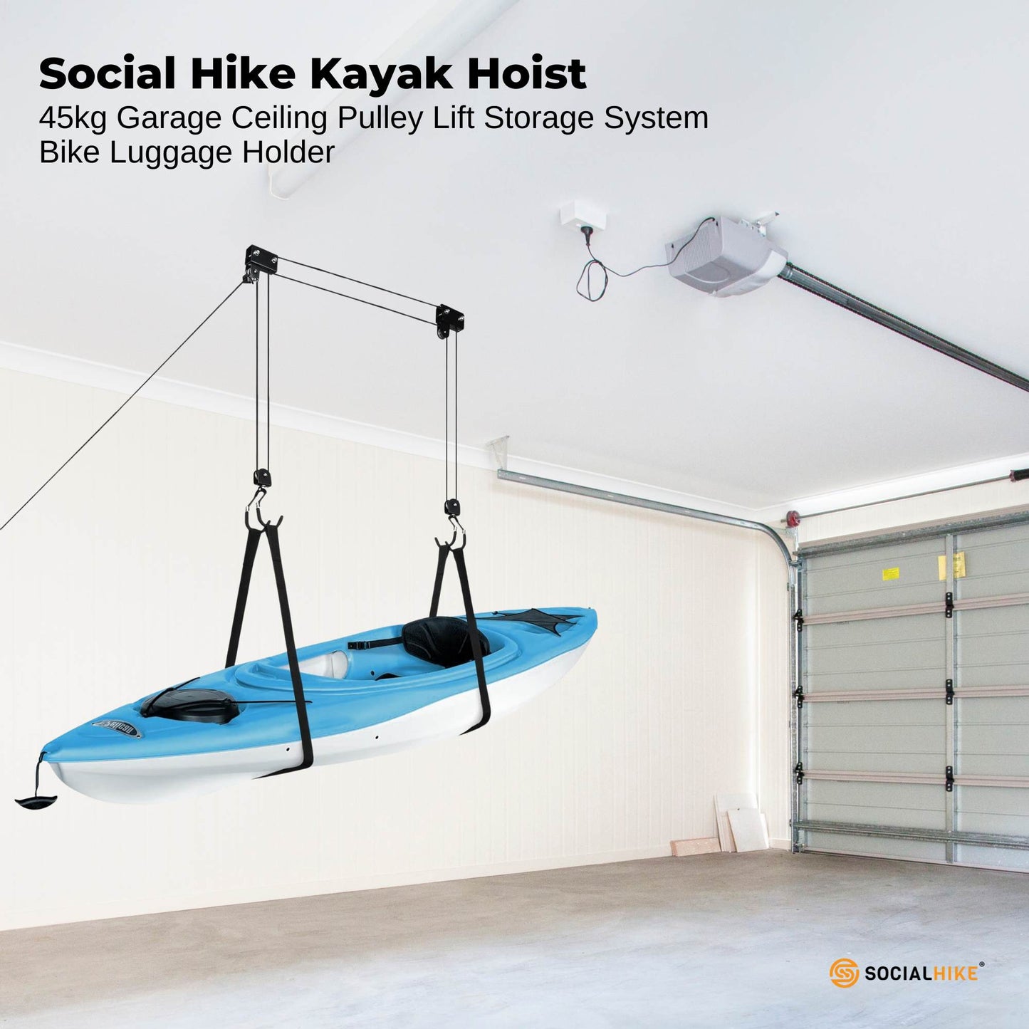 Social Hike Kayak Hoist - 34kg Garage Ceiling Pulley Lift for Kayak Bike Storage