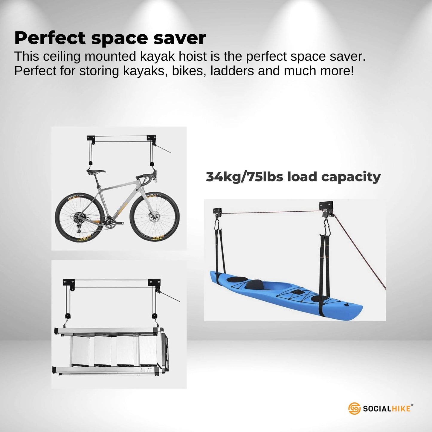 Social Hike Kayak Hoist - 34kg Garage Ceiling Pulley Lift for Kayak Bike Storage