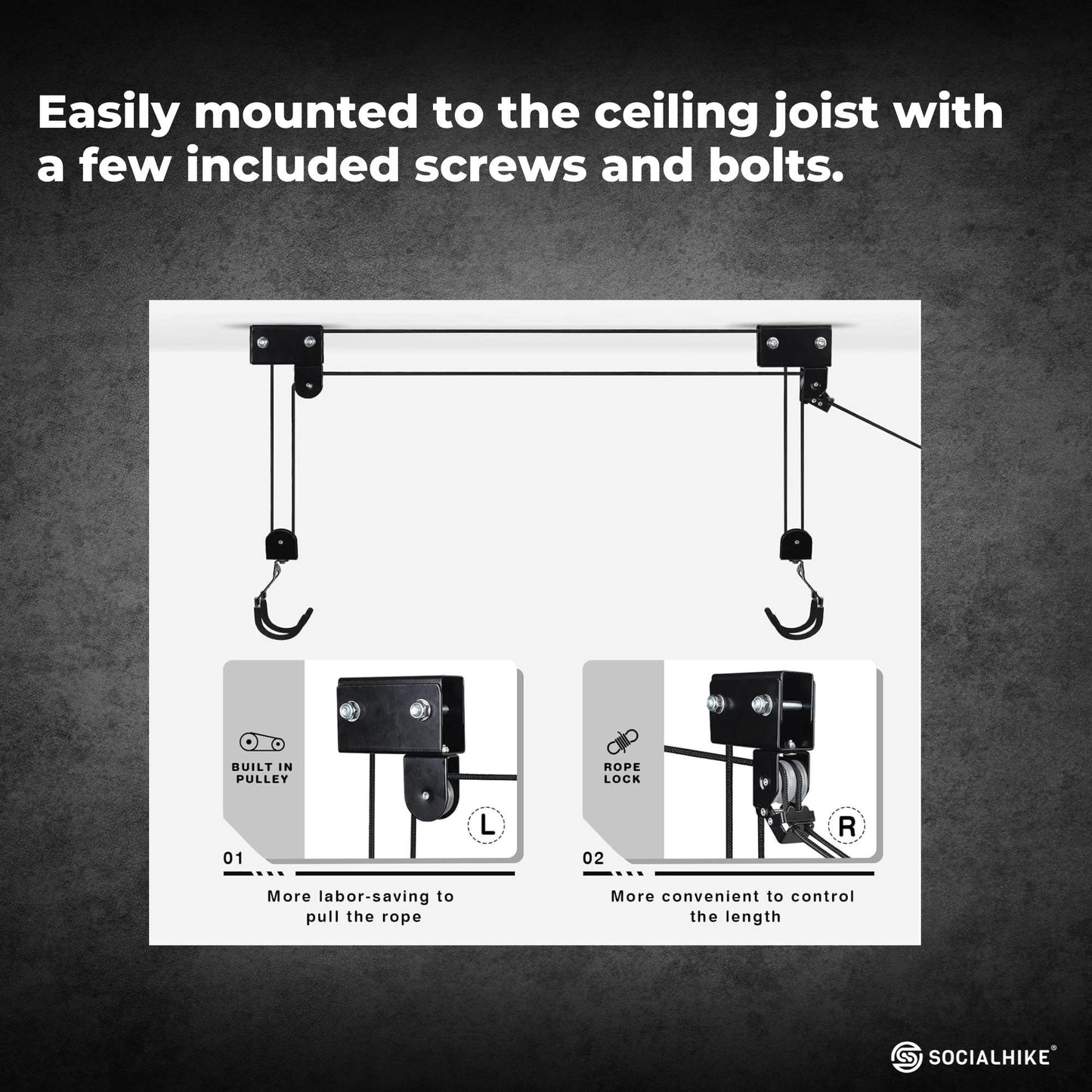 Social Hike Kayak Hoist - 34kg Garage Ceiling Pulley Lift for Kayak Bike Storage