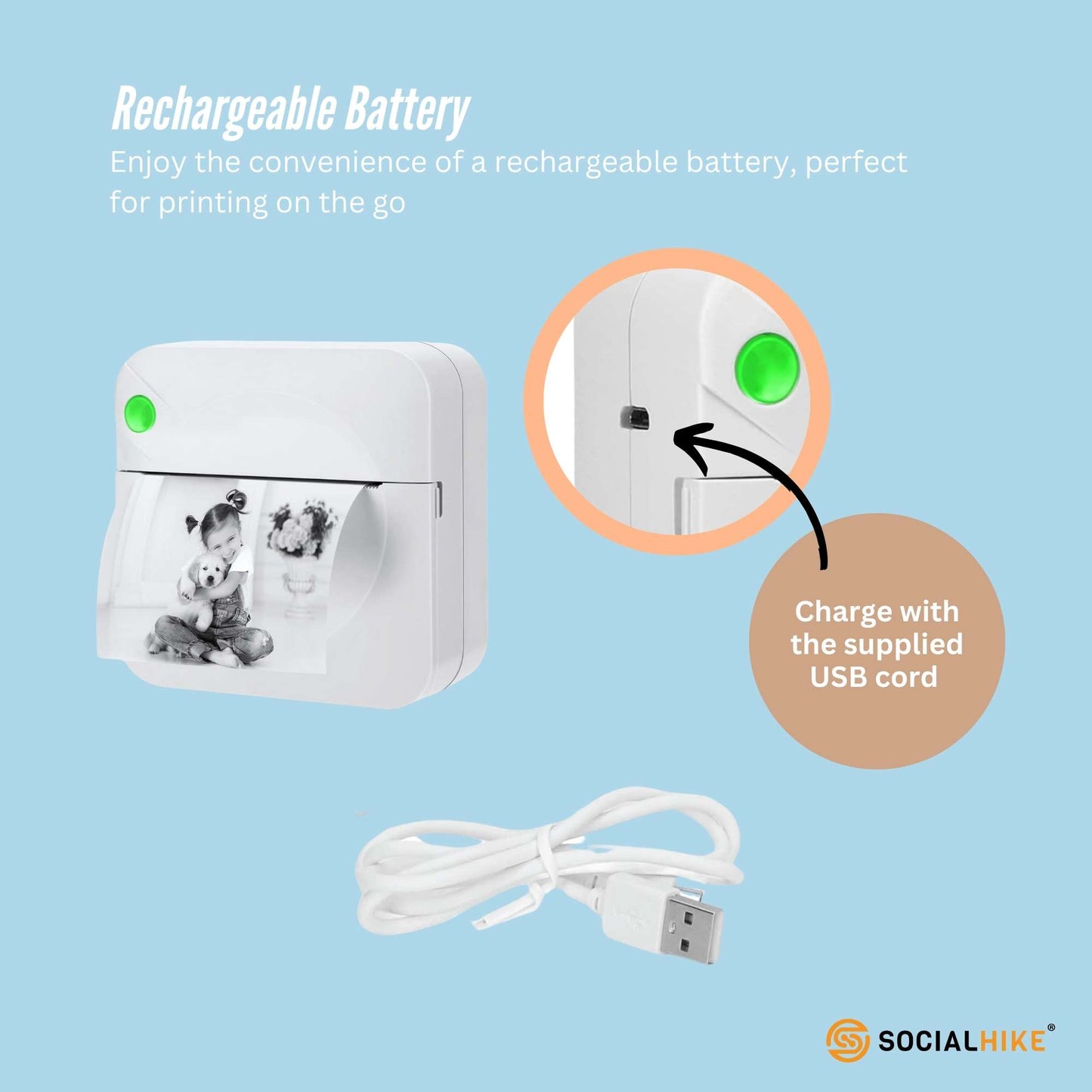 Social Hike Portable Mini Printer White - Inkless Bluetooth Phone Pocket Thermal Printing
