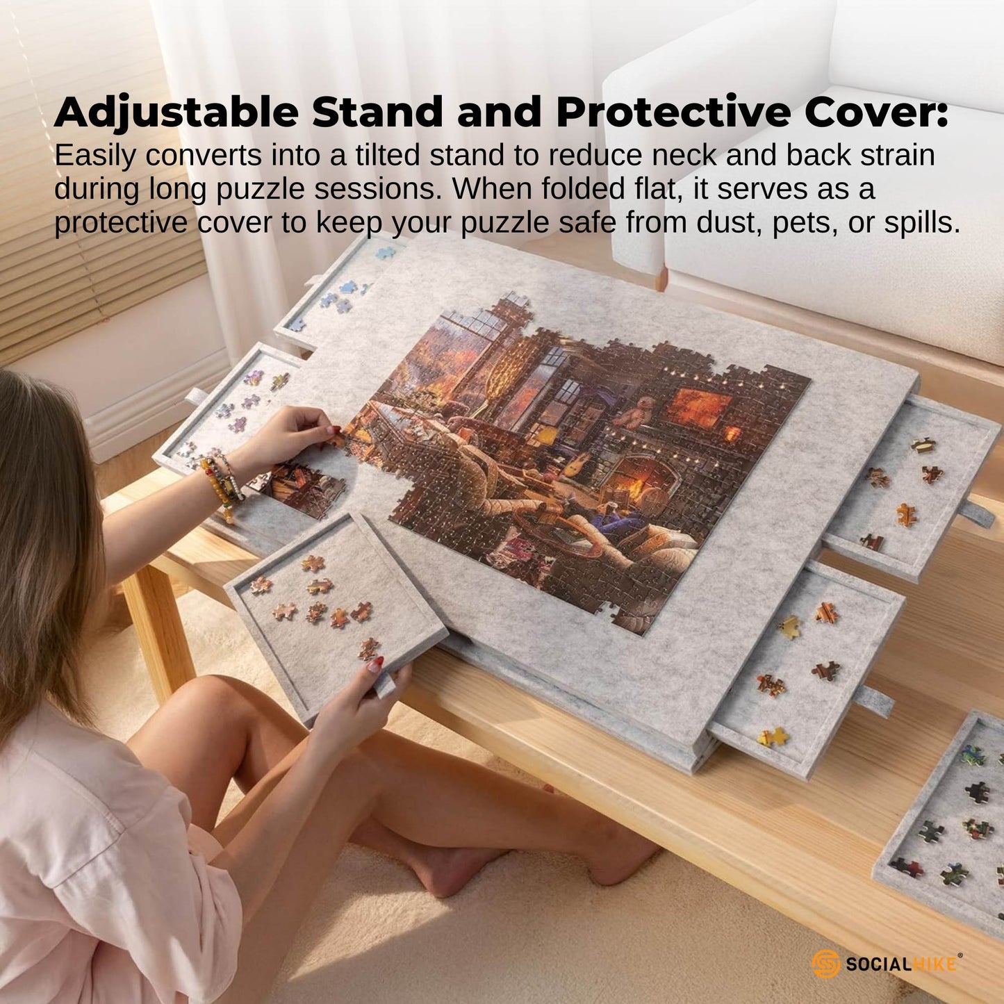 Social Hike Puzzle Board 1000 pcs - Felt Tilting Portable Cover + Drawers Silver