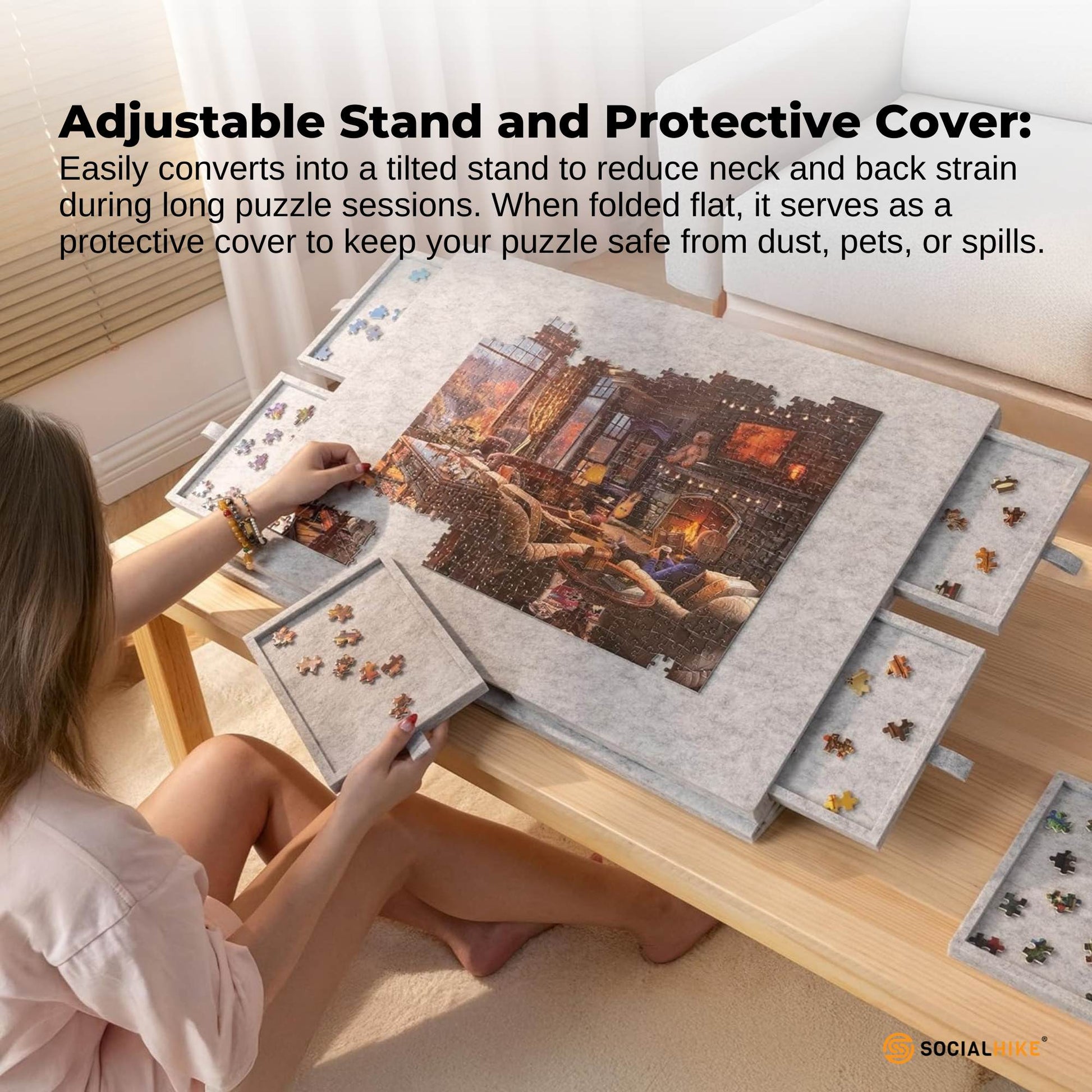 Social Hike Puzzle Board 1000 pcs - Felt Tilting Portable Cover + Drawers Silver