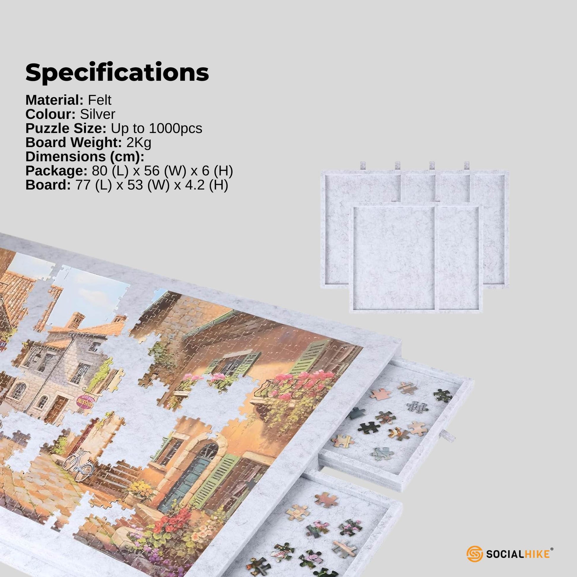 Social Hike Puzzle Board 1000 pcs - Felt Tilting Portable Cover + Drawers Silver