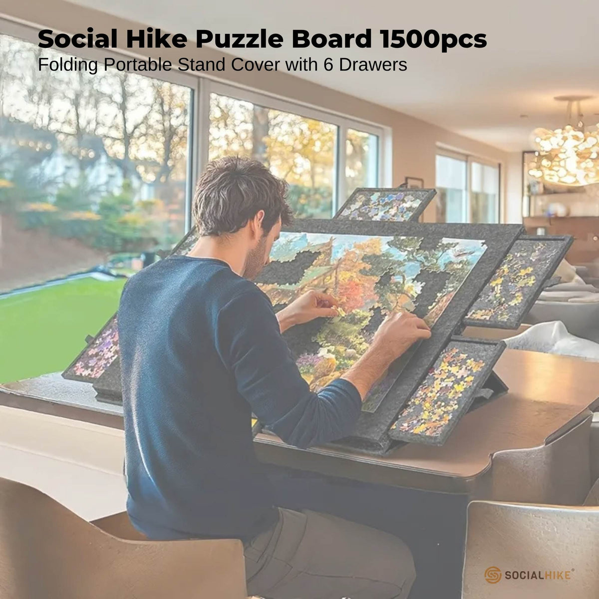 Social Hike Puzzle Board 1500 pcs - Felt Tilt Portable Cover Drawers Grey
