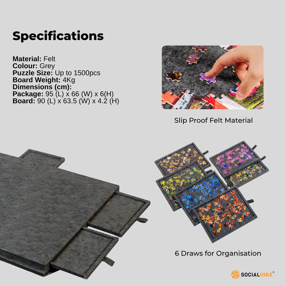 Social Hike Puzzle Board 1500 pcs - Felt Tilt Portable Cover Drawers Grey