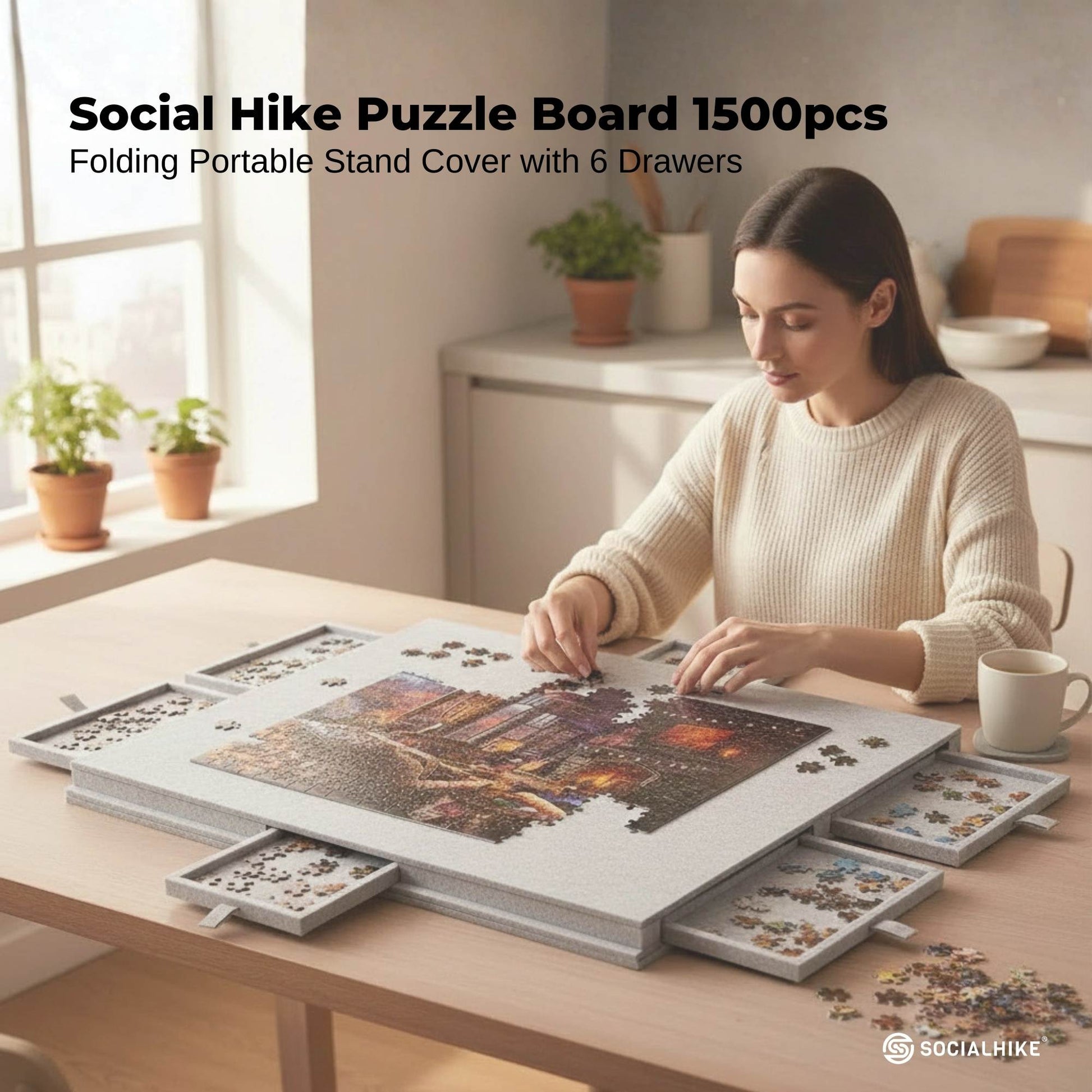 Social Hike Puzzle Board 1500 pcs - Felt Tilting Portable Cover + Drawers Silver