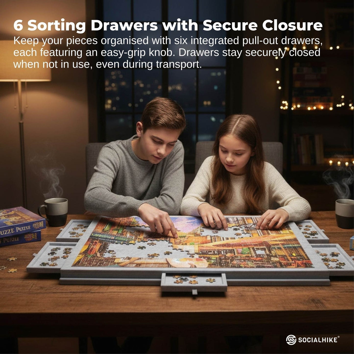 Social Hike Puzzle Board 1500 pcs - Felt Tilting Portable Cover + Drawers Silver