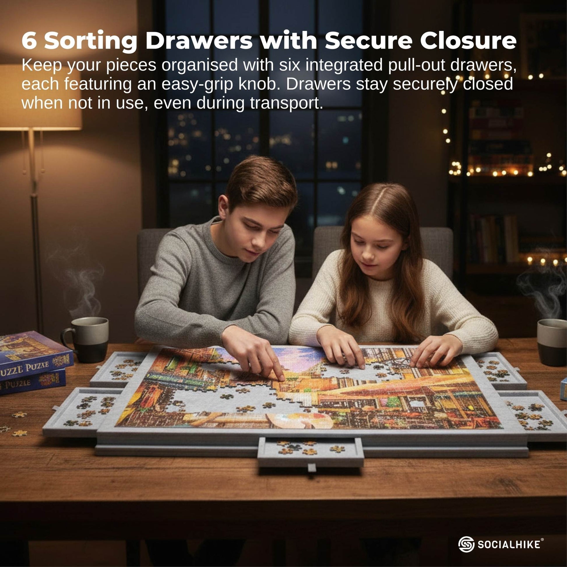 Social Hike Puzzle Board 1500 pcs - Felt Tilting Portable Cover + Drawers Silver