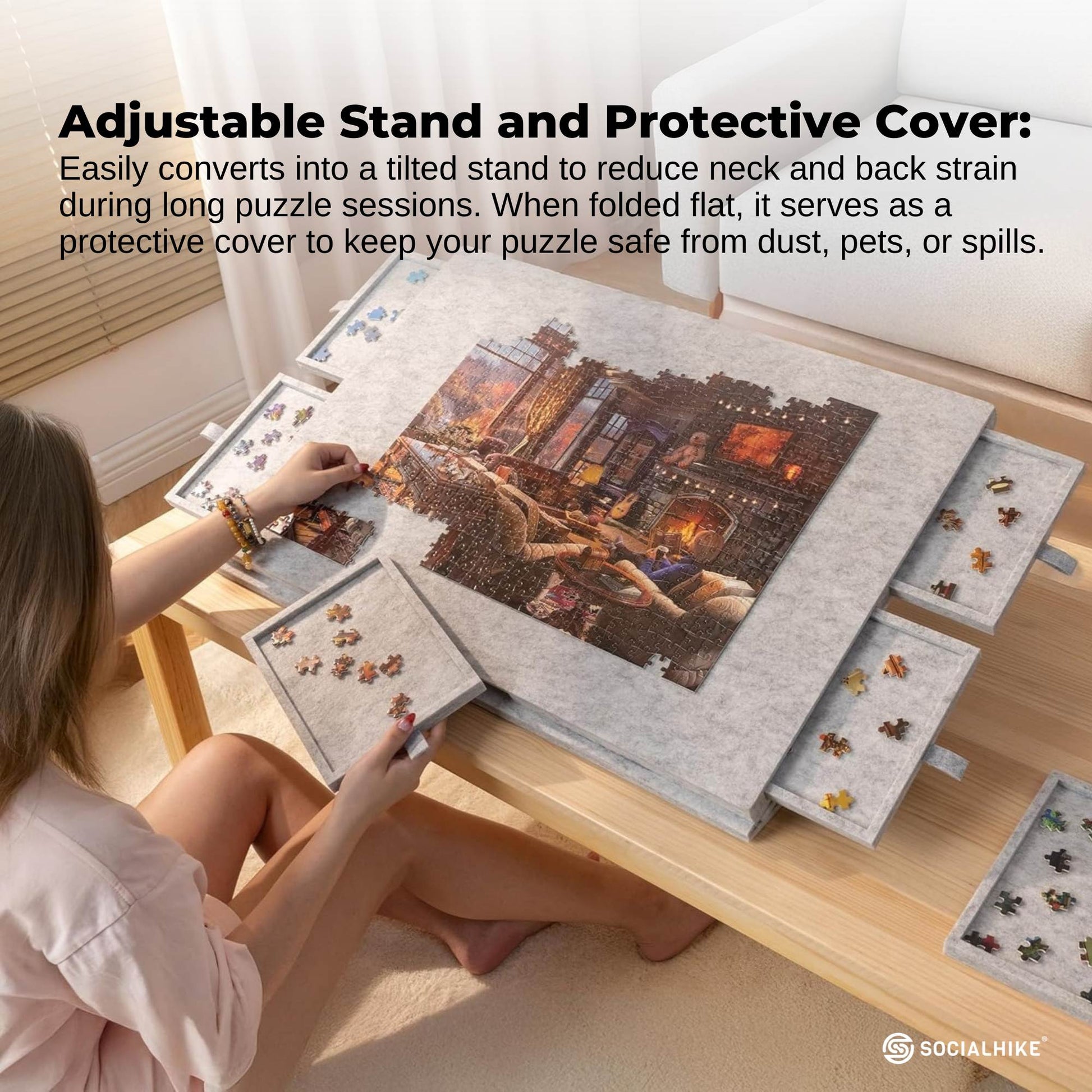 Social Hike Puzzle Board 1500 pcs - Felt Tilting Portable Cover + Drawers Silver