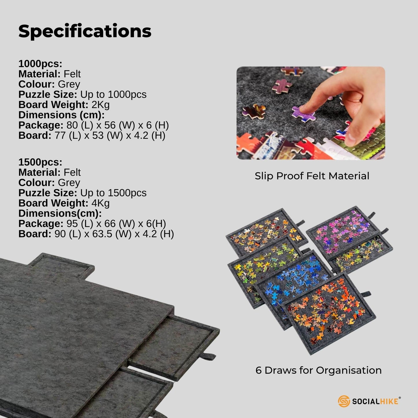 Social Hike Puzzle Board - Felt Tilting Portable Cover + Drawers Grey