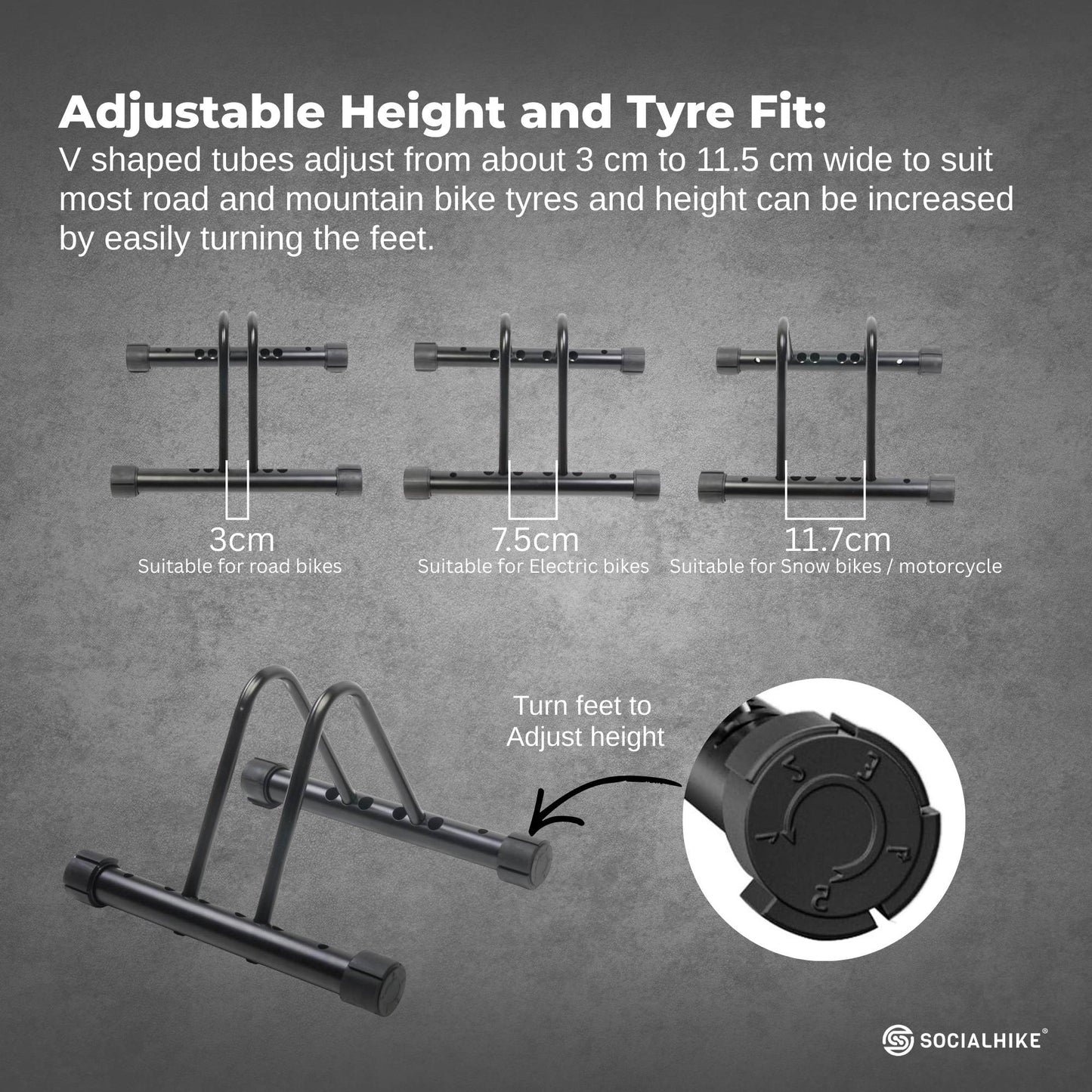 Social Hike Single Bike Rack Stand - Floor or Wall Adjustable Width Bicycle Holder