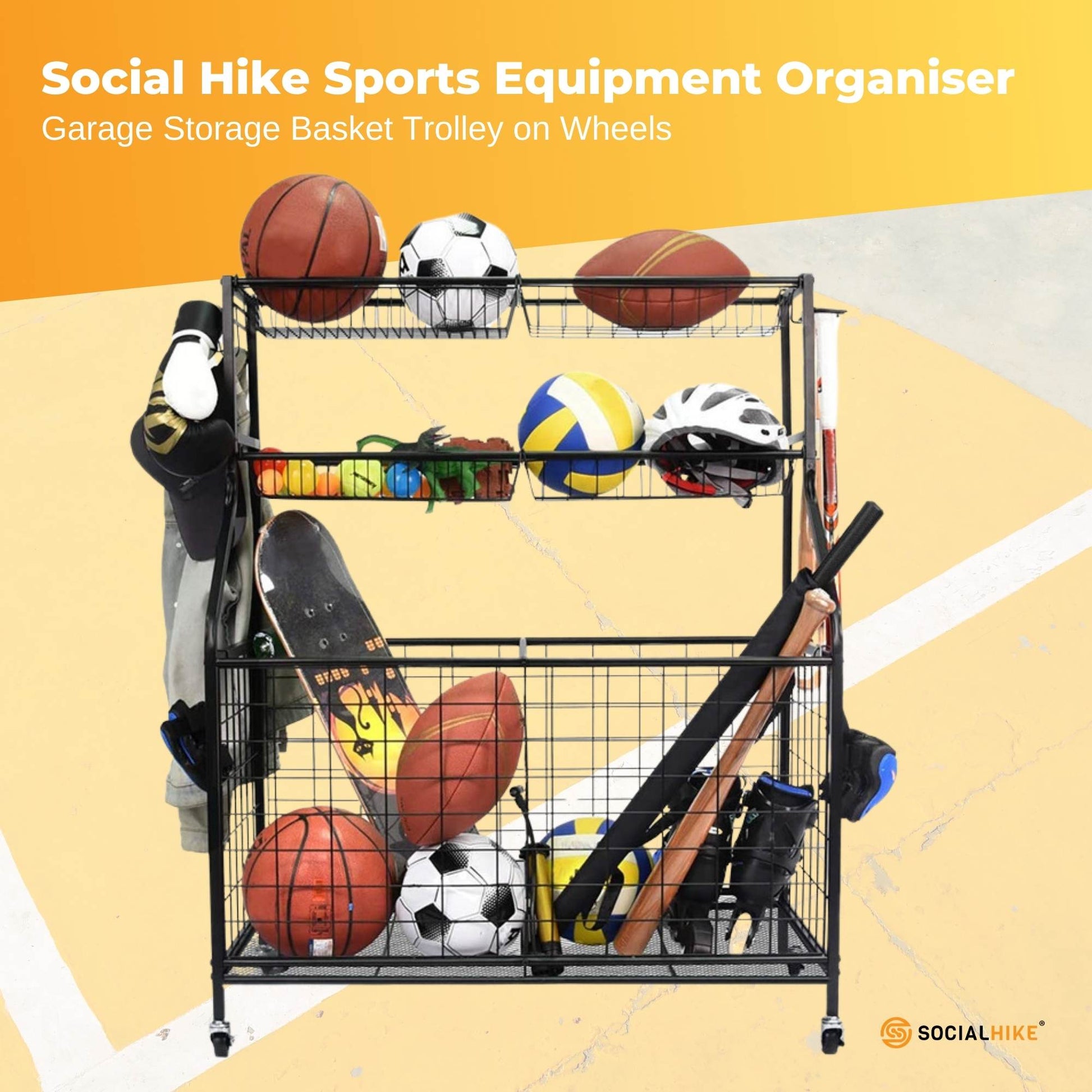 Social Hike Sports Equipment Storage Organiser Trolley on Wheels - Garage Basket