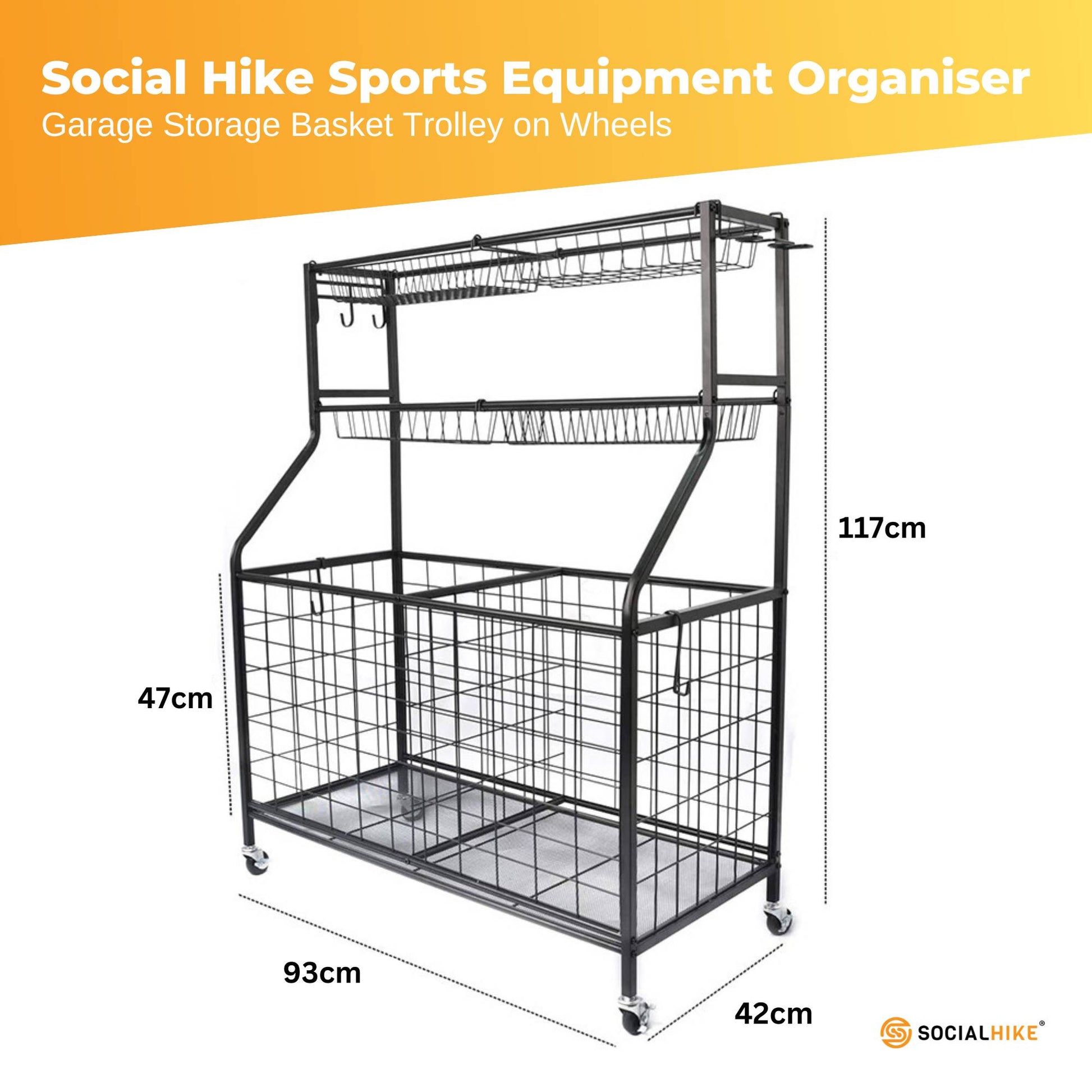 Social Hike Sports Equipment Storage Organiser Trolley on Wheels - Garage Basket