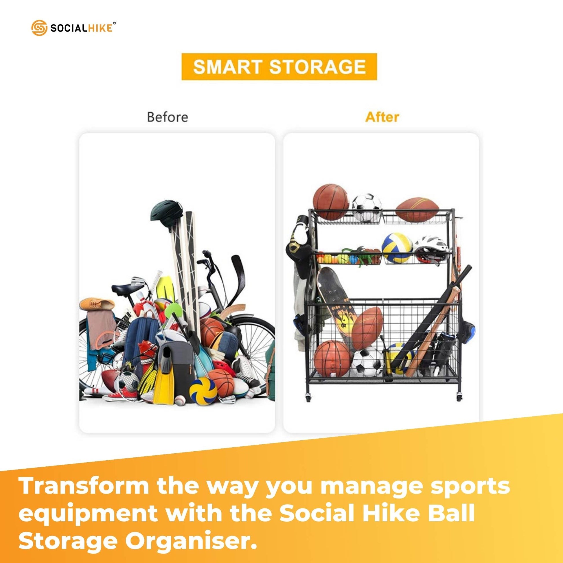 Social Hike Sports Equipment Storage Organiser Trolley on Wheels - Garage Basket