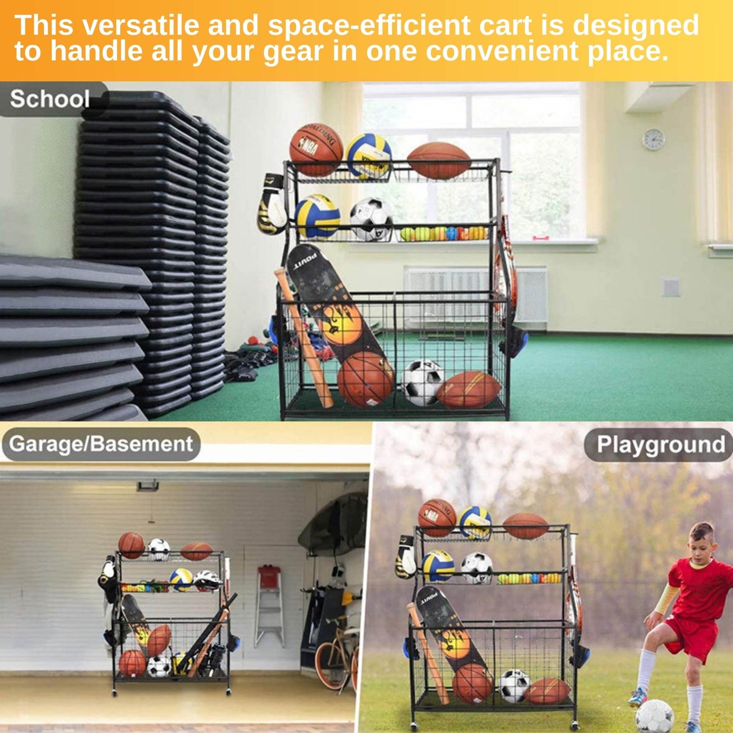 Social Hike Sports Equipment Storage Organiser Trolley on Wheels - Garage Basket