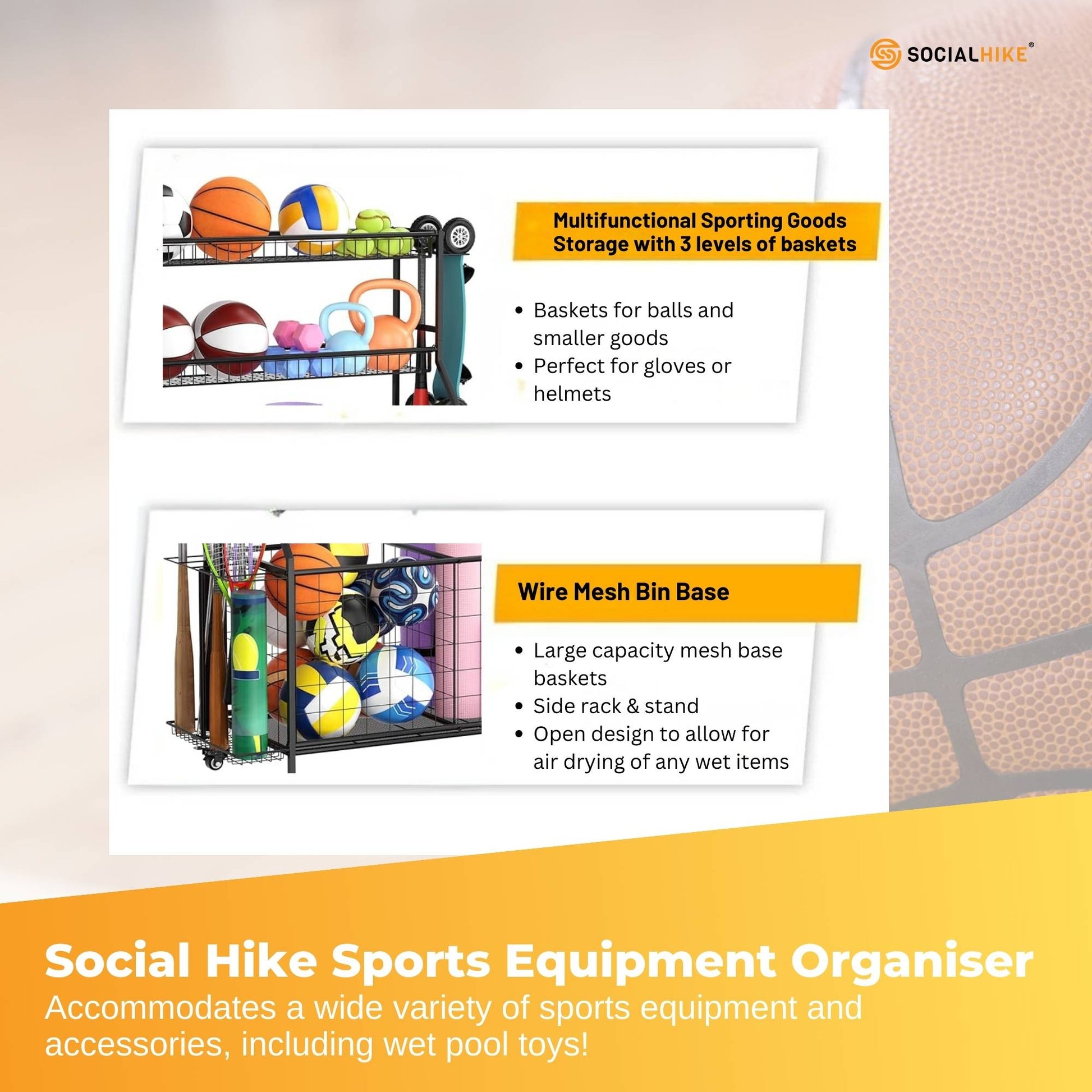 Social Hike Sports Equipment Storage Organiser and Side Rack Garage Trolley