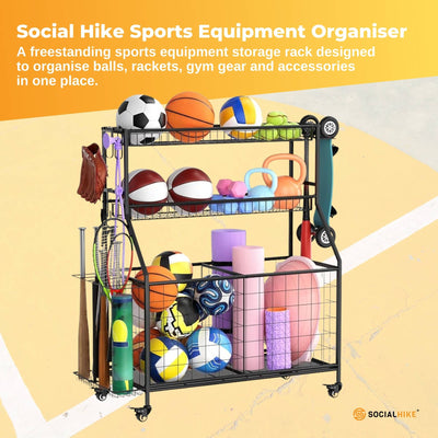 Social Hike Sports Equipment Storage Organiser with Side Rack Garage Trolley
