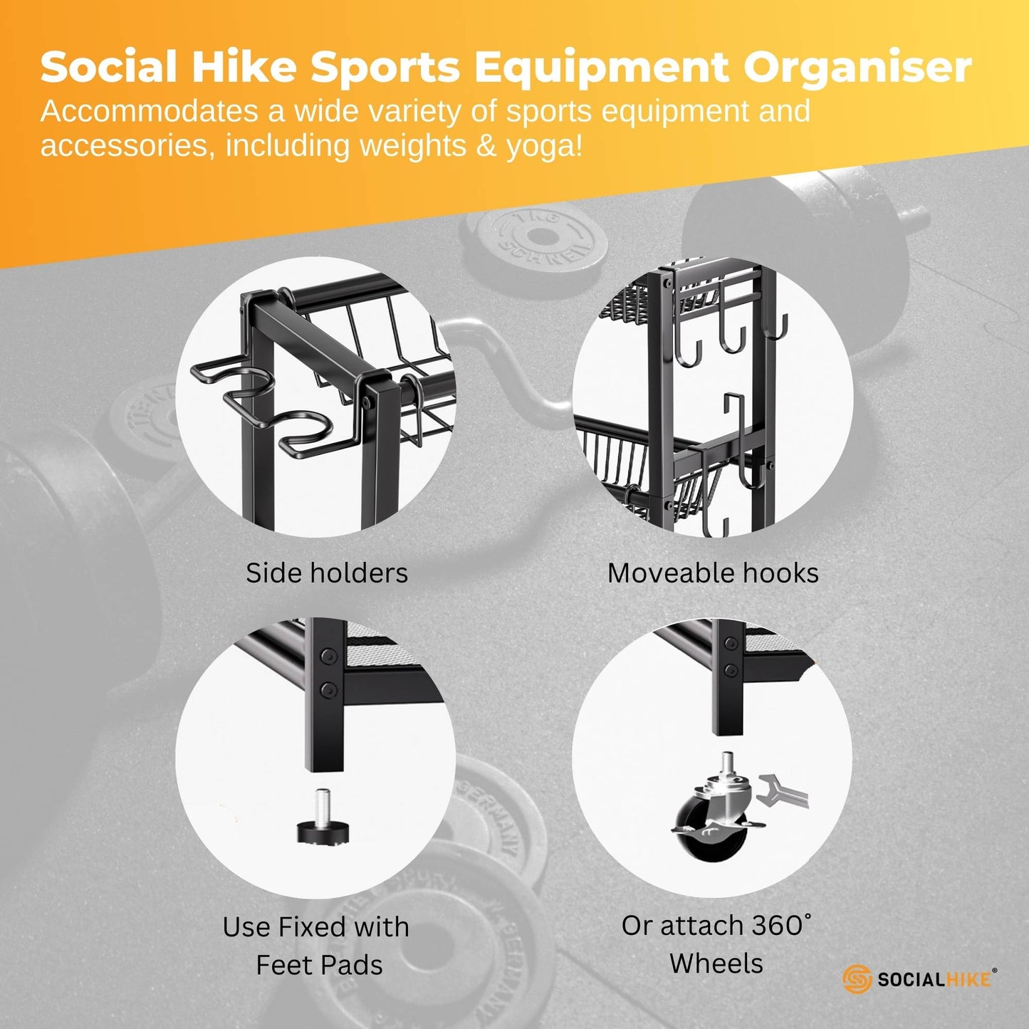 Social Hike Sports Equipment Storage Organiser with Side Rack Garage Trolley