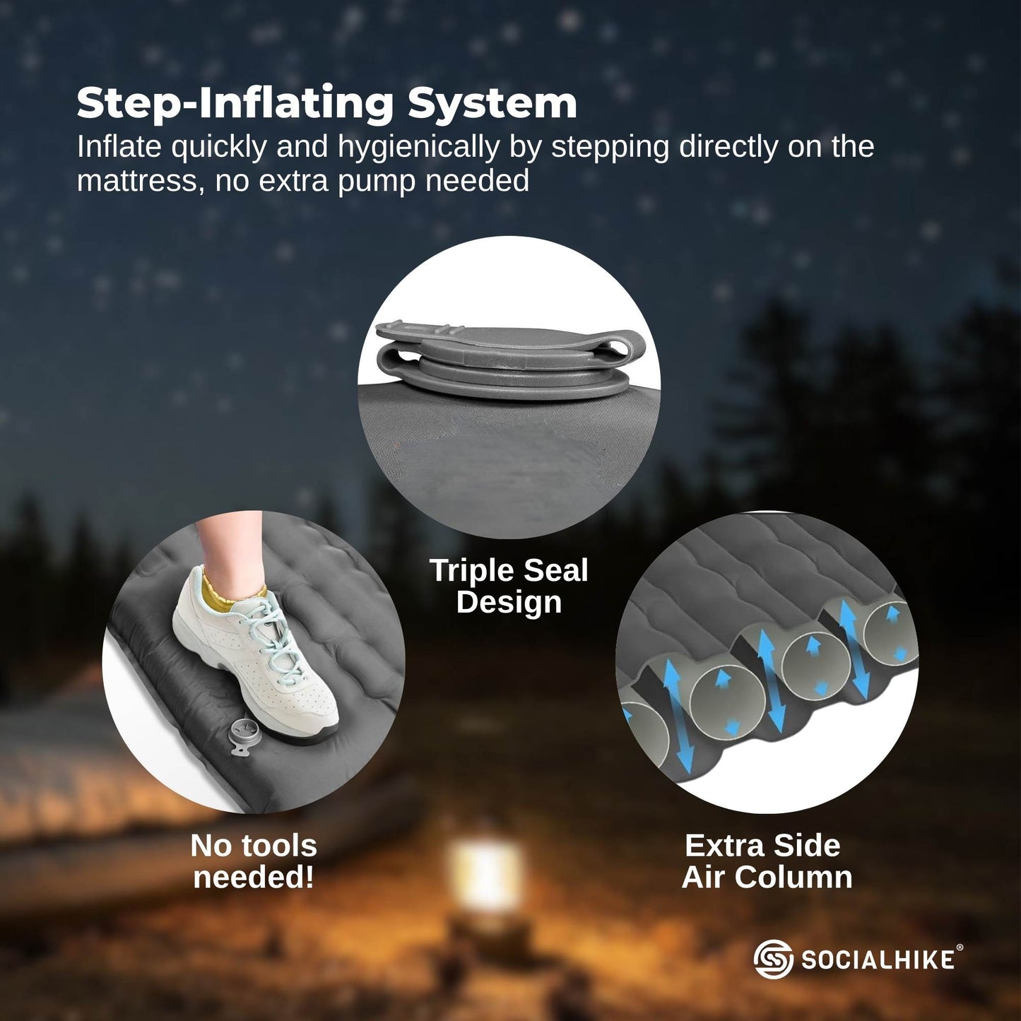 Social Hike Step-Inflating Camping Mattress Lightweight Waterproof Sleeping Grey