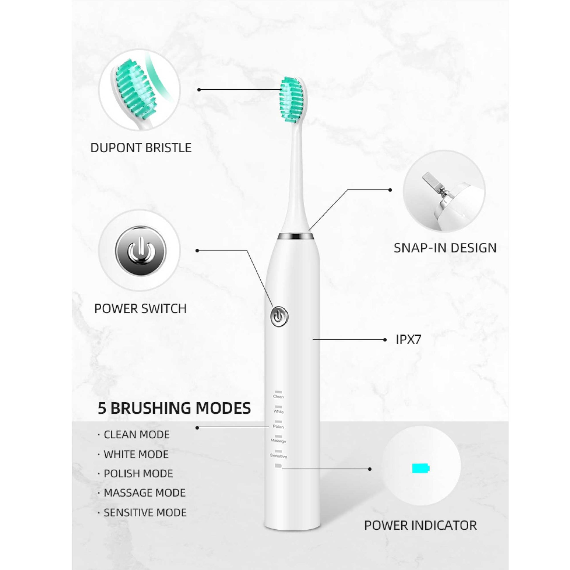 Sonic Electric Toothbrush White USB Wireless Charging Smart 5 Modes 2 Heads Case