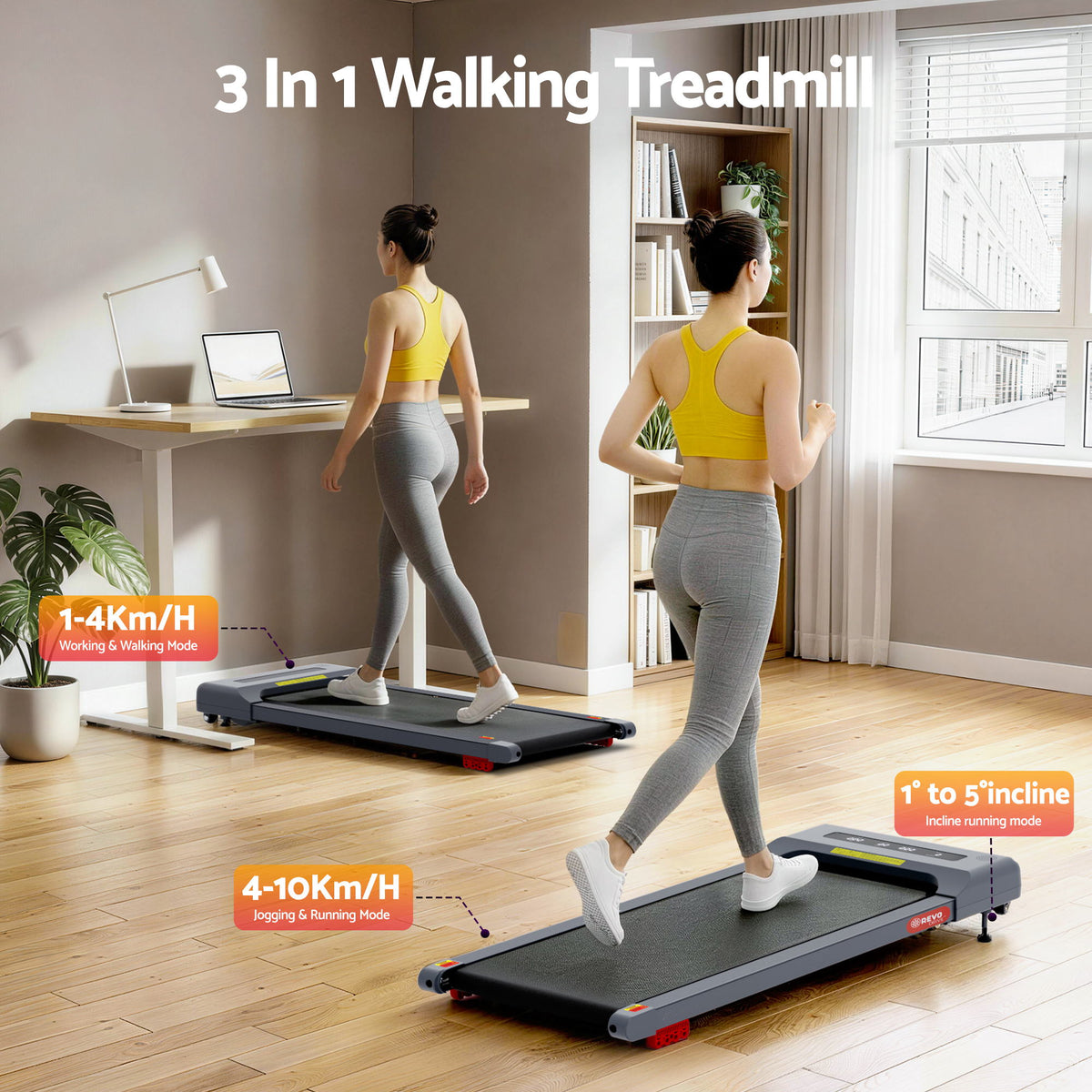 Everfit 3 in 1 Treadmill Electric Walking Pad Incline Under Desk Home Gym 380mm Grey