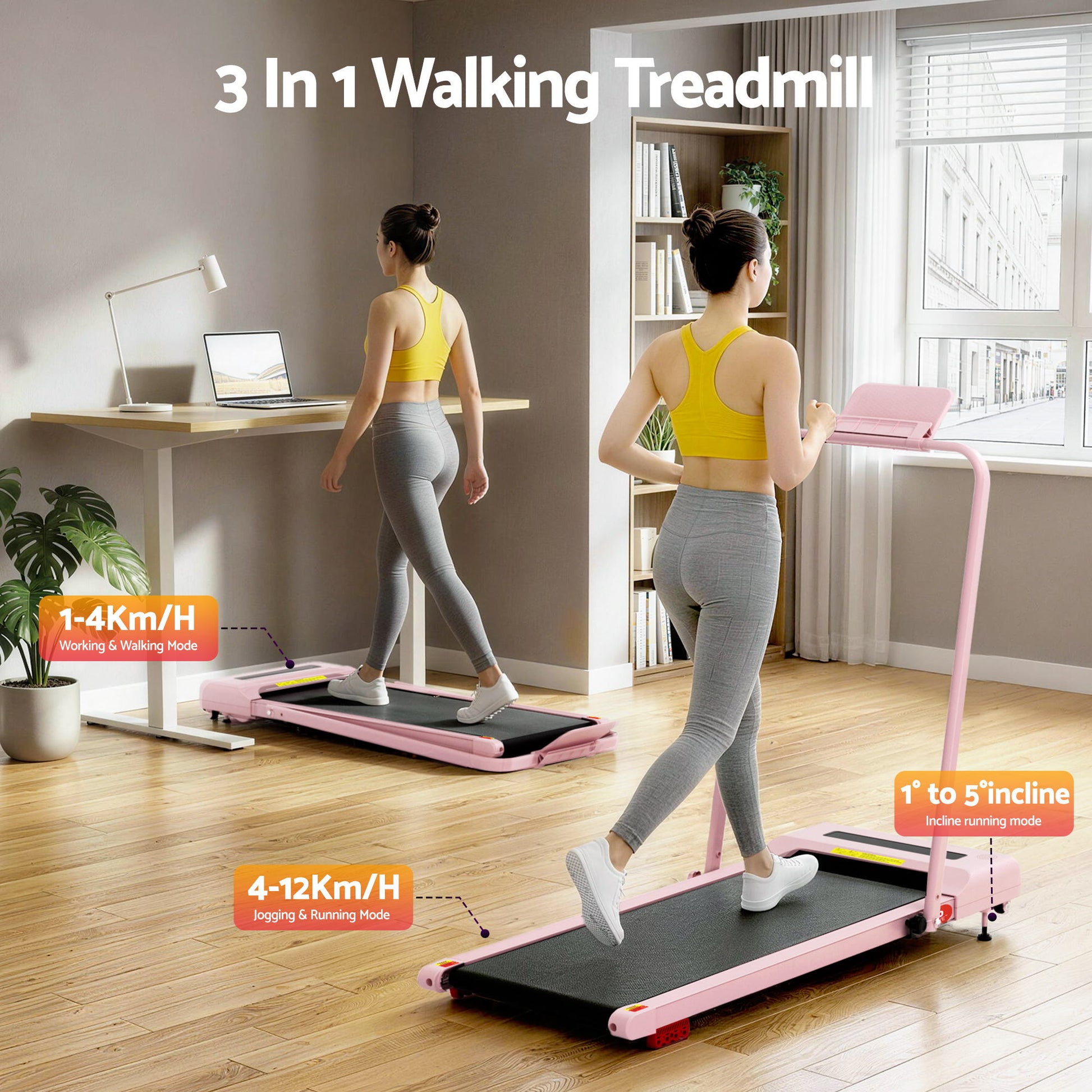 Everfit Treadmill Electric Walking Pad Incline Under Desk 380mm Pink